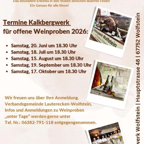 Ein Flyer für Weinproben im Kalkberwerk Wolfstein. Die Informationen umfassen Termine und Kontaktdaten zur Anmeldung.