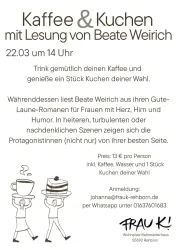 Einladungsflyer für eine Veranstaltung mit Kaffee, Kuchen und einer Lesung von Beate Weirich. Die Veranstaltung findet am 22.03. um 14 Uhr statt und kostet 13 Euro pro Person.