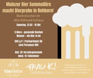 Ein Werbebild für eine Bierprobe in Rehborn. Es zeigt Informationen zu Termin, Preis und Veranstaltungsort im alten Bahnwärterhaus.