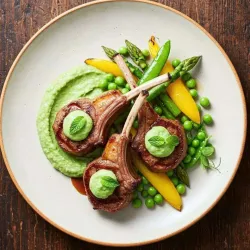 Ein ansprechender Teller mit Lammkoteletts, serviert auf einem Bett aus Erbsenpüree. Umgeben von frischem Gemüse wie Spargel und Zuckerschoten.