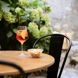 Ein erfrischendes Getränk in einem Glas mit einer Orangenscheibe steht auf einem Tisch. Daneben befindet sich eine Schüssel mit Snacks und der Hintergrund ist von Pflanzen umgeben.
