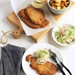 Auf dem Tisch liegt gebratenes Fleisch mit Zitronenscheiben und einer Beilage aus Kartoffeln. Daneben befindet sich ein frischer Salat mit Radieschen.