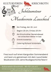 Ein Poster für die Jubiläumstour des Musikvereins Lauschied. Es enthält Details zum Event am 19. Juni, inklusive Uhrzeit, Ort und Catering-Informationen.