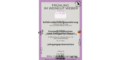 Ein Werbeplakat für eine Frühlingsveranstaltung im Weingut Weber. Es bietet Weinproben, Snacks und eine Präsentation der Jahrgänge an.
