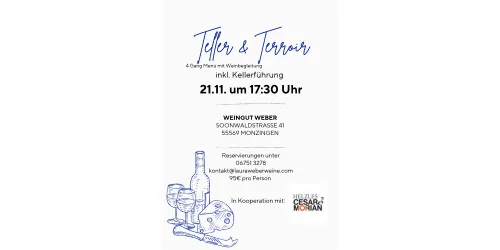 Ein Ankündigungsplakat für eine Veranstaltung mit dem Titel "Teller & Terrar". Es zeigt Informationen zu einem Weinseminar mit Datum, Uhrzeit und Kontaktinformationen.