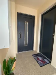 Ein moderner Eingangsbereich mit einer dunklen Tür und einem begrünten Fensterrahmen. Ein dekorativer Fußmatte liegt vor der Tür und der Raum hat helle Wände.