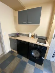 Eine moderne Küche mit einer Waschmaschine und einem kleinen Waschbecken. Die Wände sind hell und die Möbel sind grau und Holzfarben.
