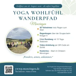 Ein Flyer für den Yoga Wohlfühl Wanderpfad in Monzingen. Er enthält Informationen über Teilnehmer, Stationen und den Starttermin.