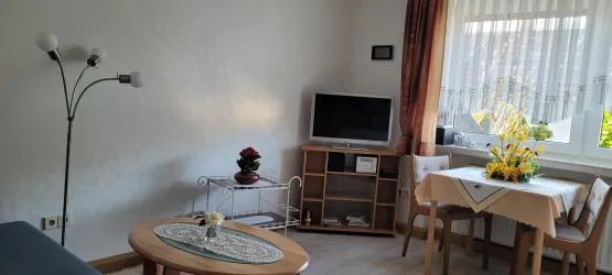Ein gemütliches Wohnzimmer mit einem Tisch, einem Fernseher und einer dekorativen Blumenarrangement. Die großen Fenster sorgen für viel Tageslicht.