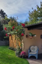 Ein schöner Garten mit farbenfrohen Blumen und einer gemütlichen Sitzgelegenheit. Im Hintergrund ist ein Bild von einem Holzhäuschen zu sehen.