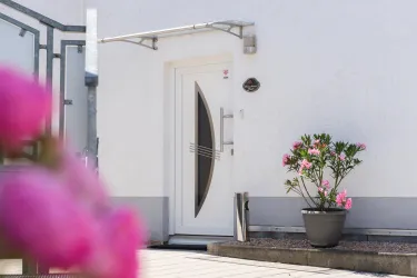 Eine moderne Eingangstür mit einem eleganten Design. Neben der Tür steht ein Topf mit bunten Blumen.