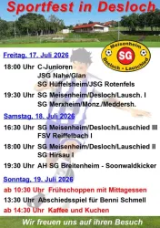 Ein buntes Plakat für das Sportfest in Desloch mit Terminen und Aktivitäten. Es zeigt verschiedene Sportereignisse und lädt zur Teilnahme ein.