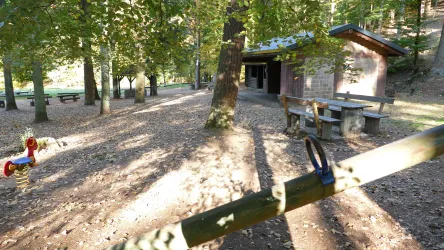 Ein ruhiger Platz im Wald mit einer Holzunterkunft und Picknicktischen. Die Sonne scheint durch die Bäume und sorgt für eine angenehme Atmosphäre.
