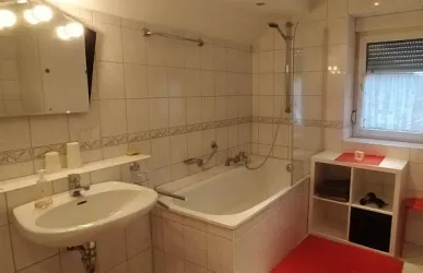 Ein modernes Badezimmer mit Badewanne und Dusche. Weiße Fliesen und ein roter Teppich sorgen für einen stilvollen Look.