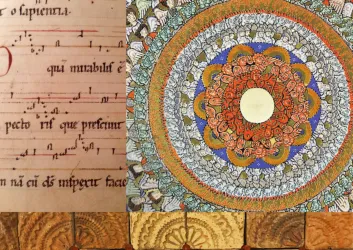 Eine künstlerische Collage mit Notenblättern, einer bunten Mandala-Zeichnung und verzierten Holzmustern. Die verschiedenen Elemente zeigen eine Mischung aus Musik und traditioneller Kunst.