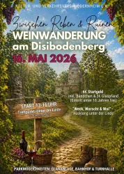 Ein Plakat für eine Weinwanderung am Disibodenberg am 16. Mai 2026. Es zeigt eine malerische Landschaft mit Weinbergen und einem schmalen Weg.