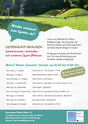 Ein Plakat mit Informationen zu Spielplatzveranstaltungen im Freien. Es zeigt eine grüne Wiese mit einem Spielplatz und verschiedenen Terminen für generationsübergreifende Aktivitäten.