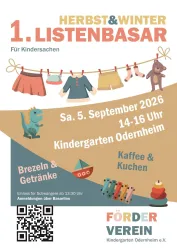 Ein farbenfrohes Plakat für einen Herbst- und Winter-Basar für Kindersachen. Es zeigt Kleidung, Getränke und Informationen zum Veranstaltungstermin in einem Kindergarten.