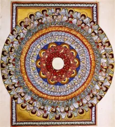 Ein kunstvolles Mandala mit zahlreichen Engeln und lebendigen Farben. Das zentrale Element ist ein roter Kreis, umgeben von weiteren detailreichen Ringen.
