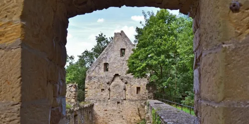 Eine alte Ruine ist durch einen Architekturausschnitt sichtbar. Umgeben von Bäumen und einem klaren Himmel vermittelt die Szenerie einen historischen Charme.