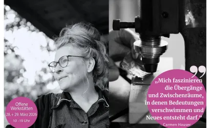 Das Bild zeigt eine lächelnde Frau mit Brille, die in einer Werkstatt arbeitet. Im Hintergrund sind Maschinen zu sehen, während ein Zitat von Carmen Hauser hervorgehoben wird.