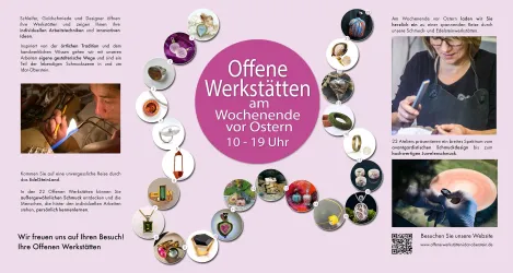 Ein Flyer für die offenen Werkstätten am Wochenende vor Ostern. Er zeigt verschiedene handwerkliche Tätigkeiten und lädt Besucher ein, die Kreativität der Künstler zu erleben.