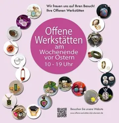 Eine Einladung zu offenen Werkstätten am Wochenende vor Ostern. Die Veranstaltung findet von 10 bis 19 Uhr statt und zeigt verschiedene handgefertigte Objekte.