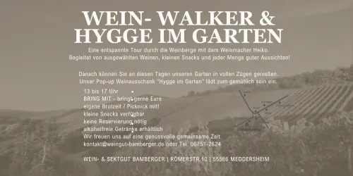 Ein Flyer für eine Weinprobe und entspannte Gartenveranstaltung. Die Veranstaltung bietet Weine, kleine Snacks und eine gemütliche Atmosphäre.