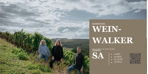 Drei Personen stehen in einem Weinberg unter einem wolkigen Himmel. Im Hintergrund sind grüne Weinreben zu sehen.