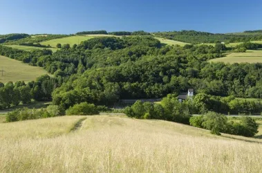 Blick vom Walbersberg zur Wolfskirche (© Tourismusbüro Pfälzer Bergland)