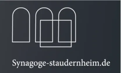 Ein einfaches Logo mit mehreren Bögen und Rechtecken. Darunter steht die Webadresse "Synagoge-staudenheim.de".