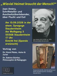 Ein Plakat für eine Veranstaltung über Jean Améry, Schriftsteller und Überlebender des Konzentrationslagers Auschwitz. Die Veranstaltung findet am 13. September 2026 in der ehemaligen Synagoge Staudernheim statt.