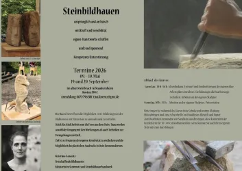 Eine informative Broschüre über einen Steinbildhauerkurs. Sie enthält Details zu Terminen und Teilnahmeinformationen sowie Bilder von Steinwerken und den Kursleitern.