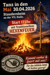Ein Plakat für eine Veranstaltung mit dem Titel "Tanz in den Mai" am 30.04.2026. Es zeigt ein großes, traditionelles Hexenfeuer und lädt die Besucher ein, mit dem Team "Losse ma!" zu feiern.