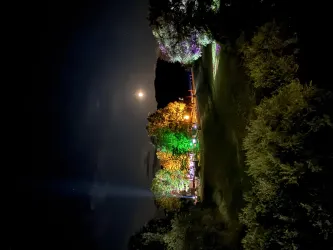 Ein ruhiger Park bei Nacht mit bunten Lichtern und einer leuchtenden Mondscheibe. Die Umgebung ist von Bäumen und Grün umgeben.