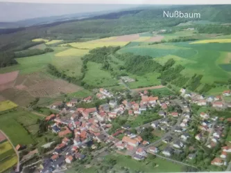Eine Luftaufnahme des Dorfes Nußbaum mit vielen Häusern und umgebenden Feldern. Die Landschaft zeigt grüne Wiesen und verstreute Wälder.