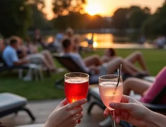 Zwei Personen stoßen mit bunten Cocktails auf einer Wiese bei Sonnenuntergang an. Im Hintergrund sind entspannte Menschen und eine ruhige Gewässerlandschaft zu sehen.