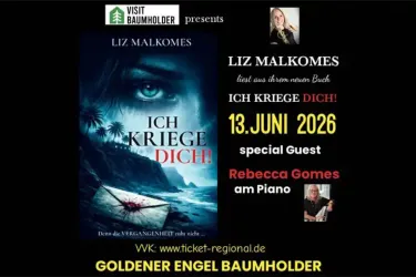 Das Bild bewirbt eine Lesung von Liz Malkomes aus ihrem Buch "Ich kriege dich!" am 13. Juni 2026, mit der besonderen Gästin Rebecca Gomes am Piano. Im Hintergrund ist eine dramatische Küstenlandschaft zu sehen.