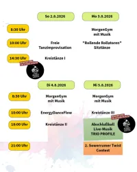 Ein Veranstaltungsprogramm mit verschiedenen Aktivitäten zu verschiedenen Uhrzeiten. Es beinhaltet Tanz, Fitness und Live-Musik über mehrere Tage.