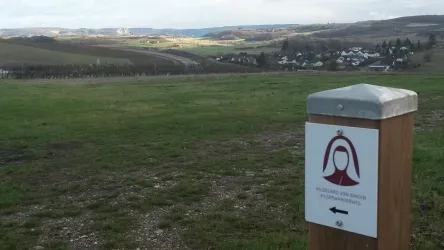 Ein Wegweiser auf einer Wiese mit Blick auf das Tal und ein paar Häuser im Hintergrund. Die Landschaft ist grün und hügelig, ideal zum Wandern.