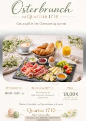 Ein einladendes Osterbrunch-Angebot mit verschiedenen Speisen und Getränken. Der Flyer enthält Informationen zu Datum, Uhrzeit und Preisen.