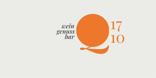 Ein einfaches Logo für eine Weinbar. Es zeigt den Text "wein genuss bar" und die Zahlen "17 10" neben einem orangefarbenen Kreis.