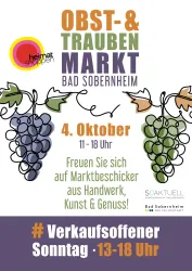 Ein farbenfrohes Plakat für den Obst- und Traubenmarkt in Bad Sobernheim. Es zeigt Trauben, Details über das Datum und die Öffnungszeiten sowie Hinweise auf lokale Handwerks- und Kunstangebote.