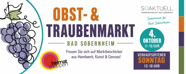 Ein Plakat für den Obst- und Traubenmarkt in Bad Sobernheim. Die Veranstaltung findet am 4. Oktober von 11 bis 18 Uhr statt und bietet Handwerk, Kunst und Genuss.