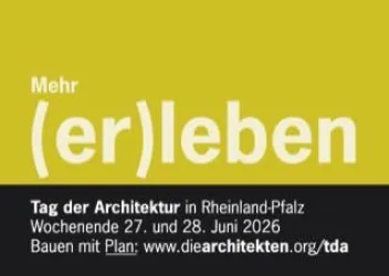 Ein farbenfrohes Plakat für den Tag der Architektur in Rheinland-Pfalz. Es zeigt wichtige Informationen zum Event am 27. und 28. Juni 2026.