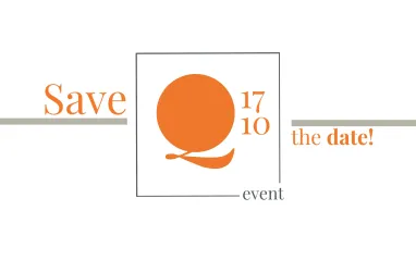 Eine Einladung zur Veranstaltung mit dem Hinweis "Save the date!" und dem Datum 17.10. steht im Mittelpunkt. Das Design ist modern und minimalistich gehalten.