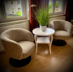 Zwei bequeme Stühle und ein kleiner Tisch in einem hellen Raum. Eine grüne Pflanze verleiht dem Ambiente eine frische Note.