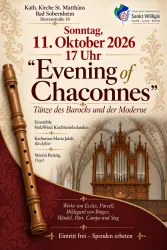 Ein Plakat für das Konzert "Evening of Chaconnes" in der Kath. Kirche St. Matthäus. Es zeigt Informationen über das Event, einschließlich des Datums, der Uhrzeit und der musikalischen Darbietungen.