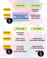 Ein Veranstaltungsprogramm mit verschiedenen Aktivitäten und Live-Musik. Die Termine sind vom 29. Juli bis 1. August 2026.
