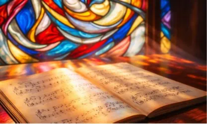 Ein Mann spielt Orgel in einer Kirche. Im Hintergrund sind Notenblätter sichtbar.